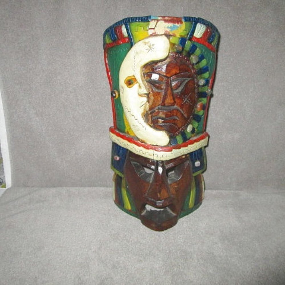 Vtg SUN & MOON Carved Wood TOTEM Native MASK Tiki GEMSTONES Chakra TRIBAL Aztec